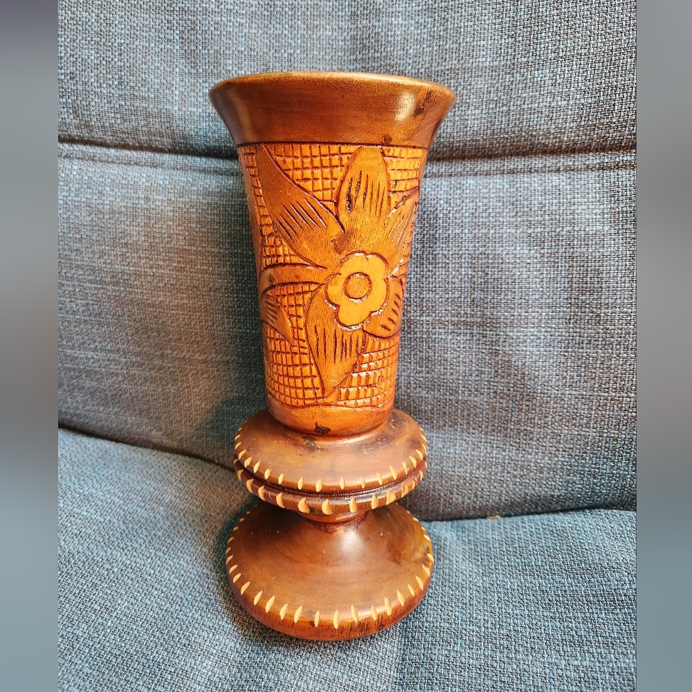 Vintage Wooden Hand Carved Vase with Floral Design 9.5" Tall
